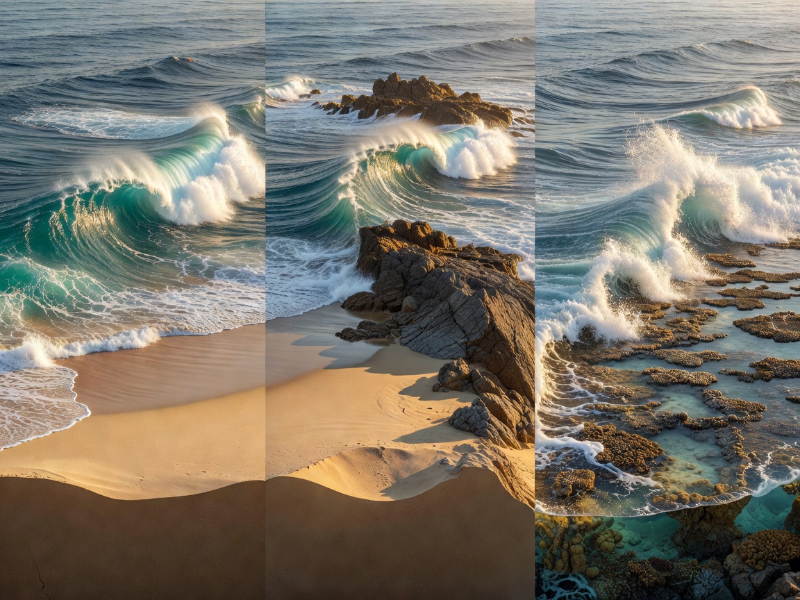 Three side-by-side 3D cross-sections showing a wave breaking over a sandy beach, a rocky point and a shallow reef