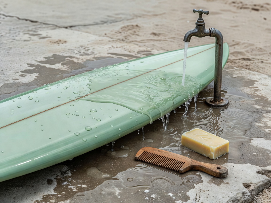 3D render of a surfboard being rinsed under a simple tap, with a wax comb and bar of surf wax beside it