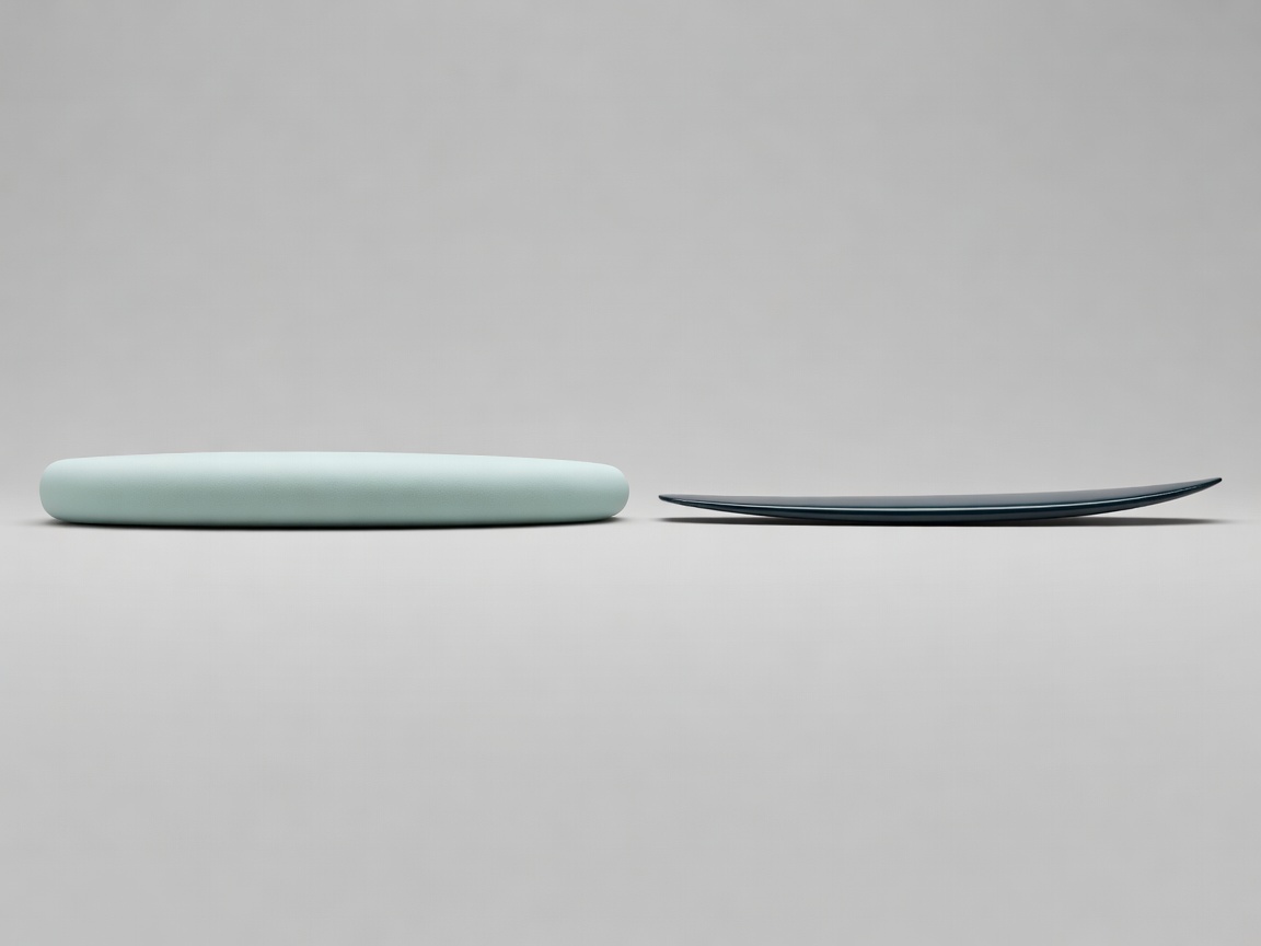3D render comparing the thickness and width of a beginner soft-top beside a thin shortboard, viewed from the side