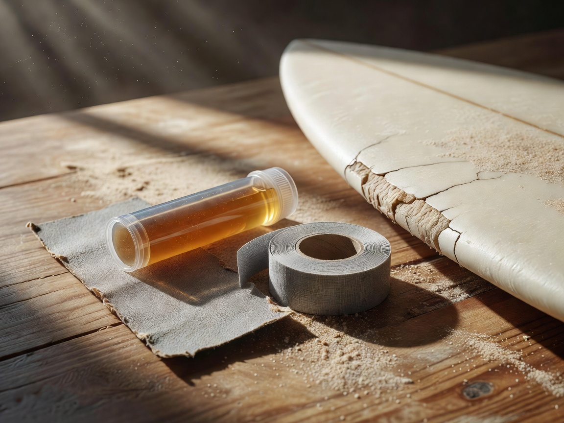 3D render of a small surfboard ding repair kit with resin tube, sandpaper and tape beside a cracked board rail