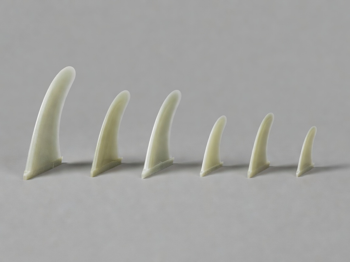 3D render of fin profiles laid in a row: a single longboard fin, a twin-fin pair and a three-fin thruster set