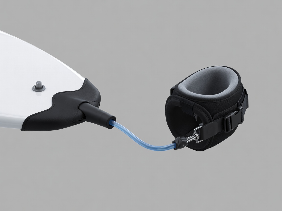 3D render of a surf leash attached to a board's tail plug with rail saver, and a padded ankle cuff on the other end