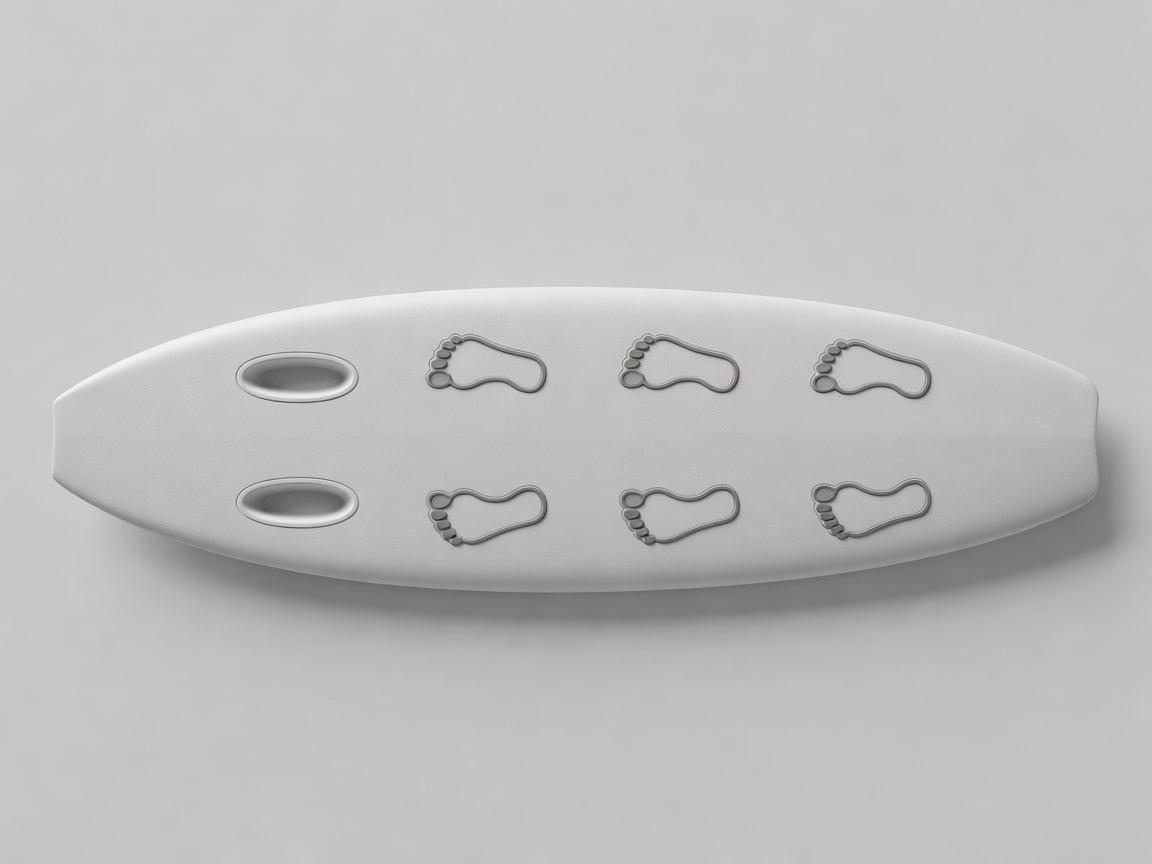 3D render of a foam surfboard with footprint markers showing hand placement, then front and back foot positions for a pop-up