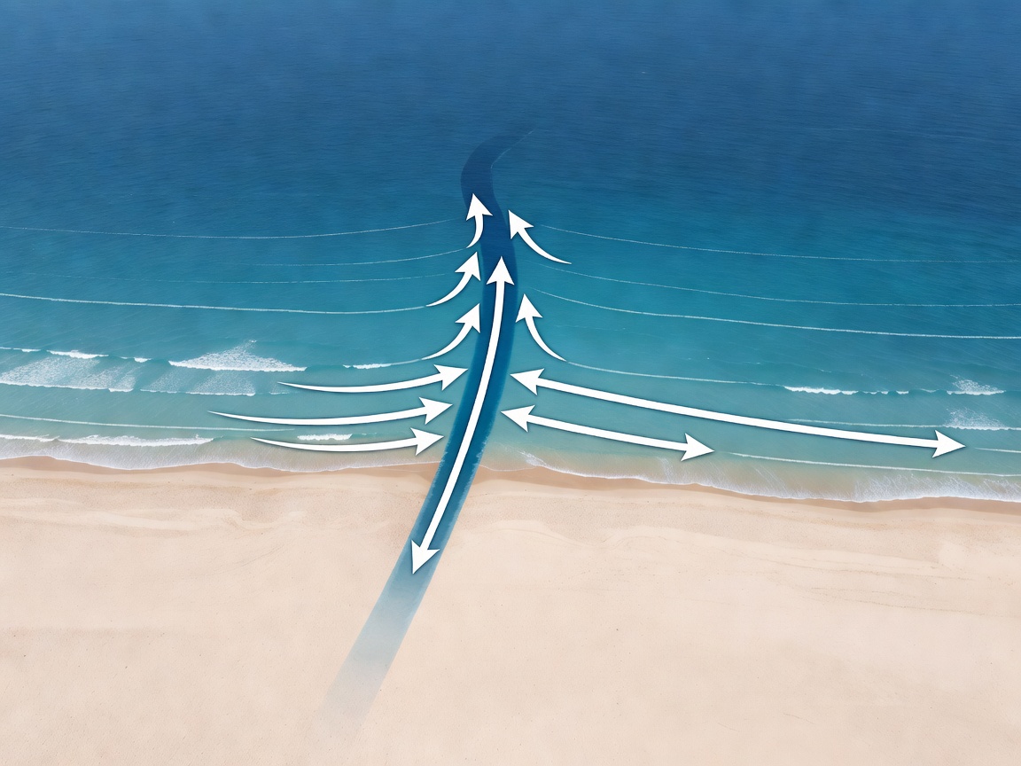 3D schematic of a beach seen from above, with arrows showing a rip current flowing seaward and an escape route parallel to shore
