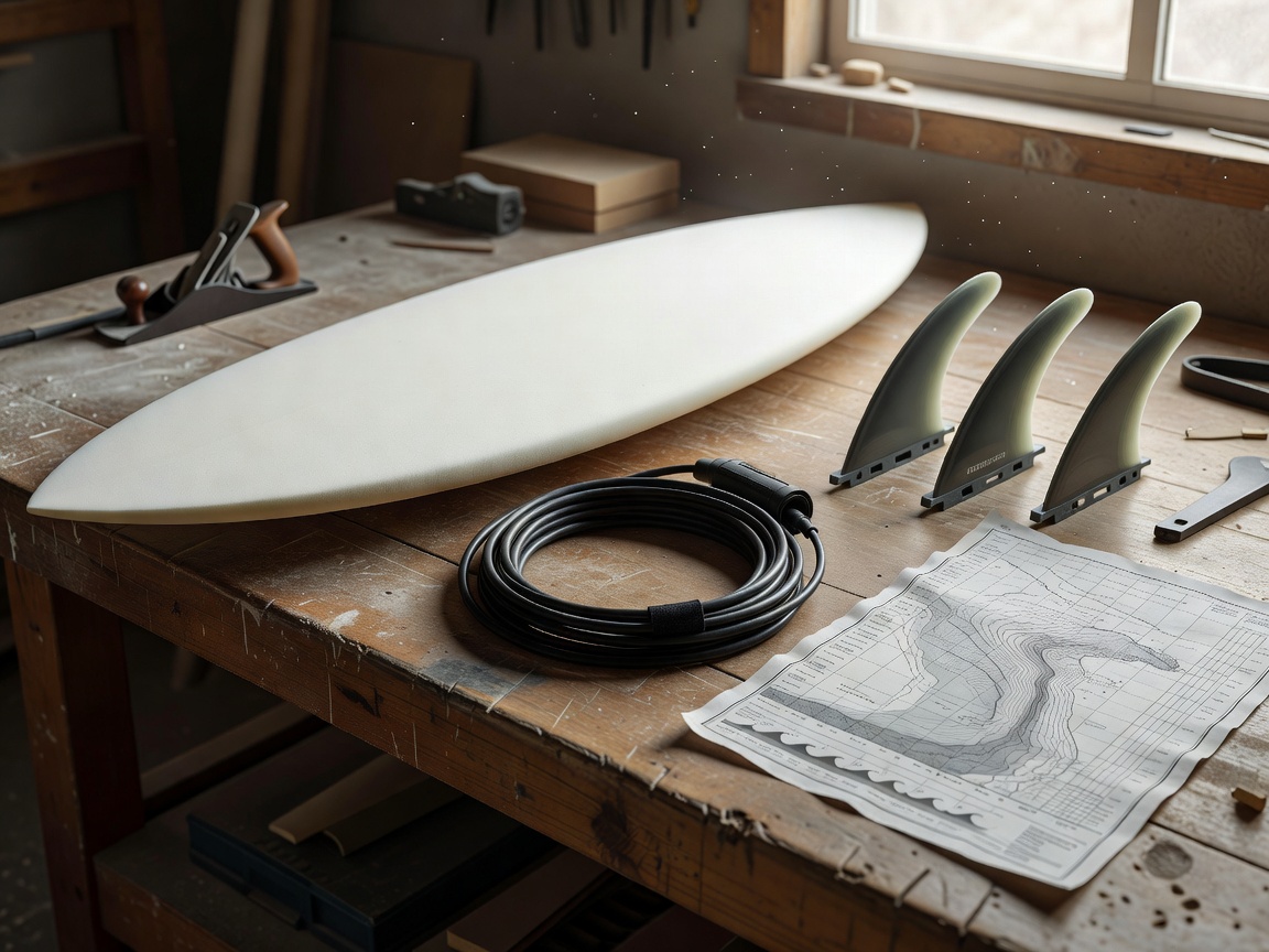 3D render of a tidy workbench holding a foam surfboard, a coiled leash, fins and a printed tide chart
