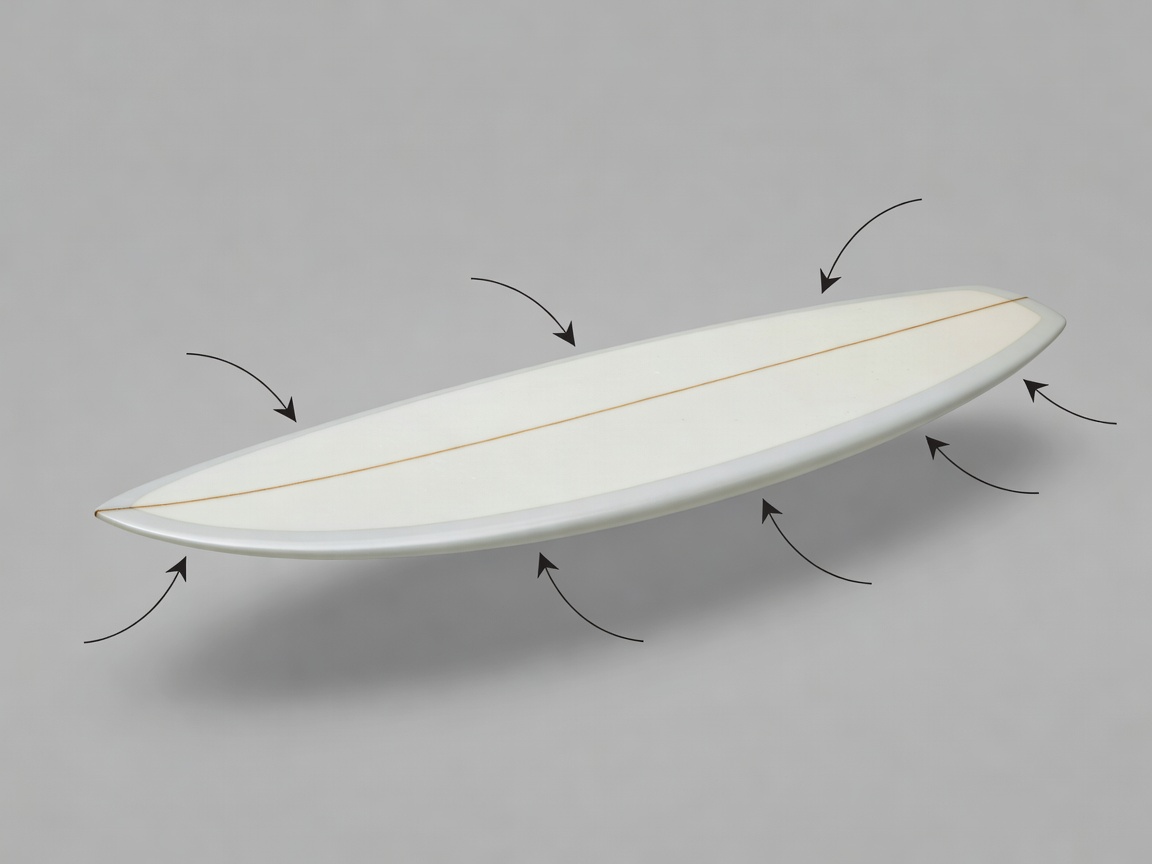 Labelled 3D render of a surfboard showing nose, tail, deck, rails, rocker curve and central stringer