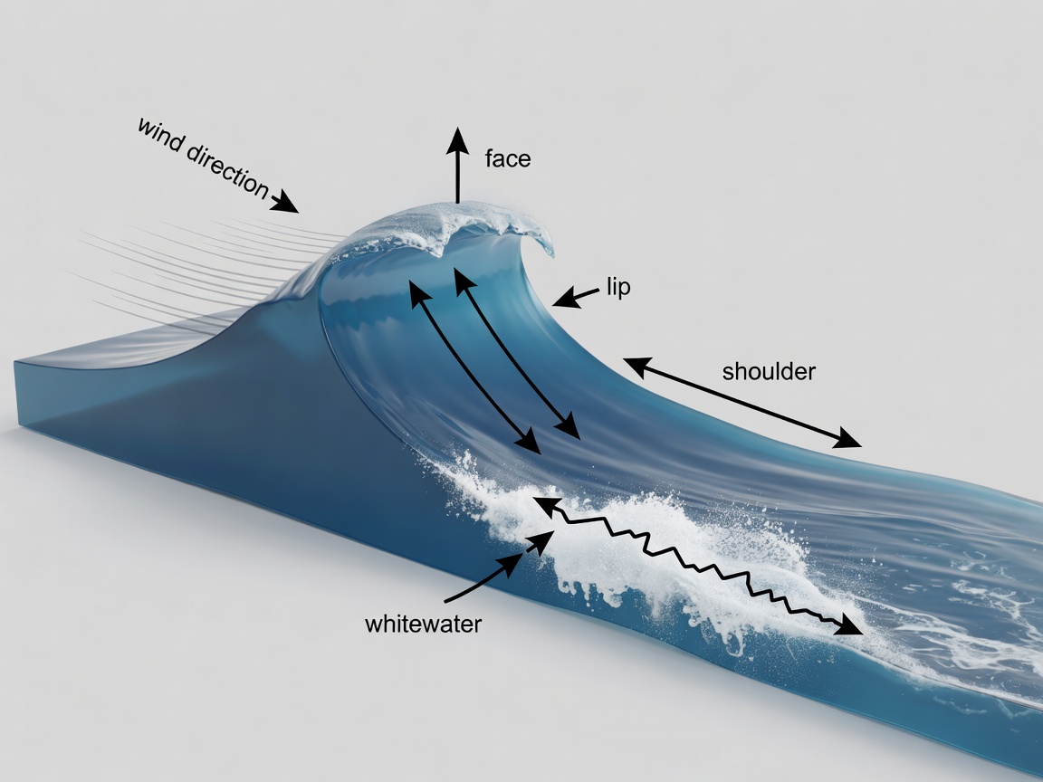 Labelled 3D diagram of a wave with arrows marking peak, face, lip, shoulder, whitewater and wind direction